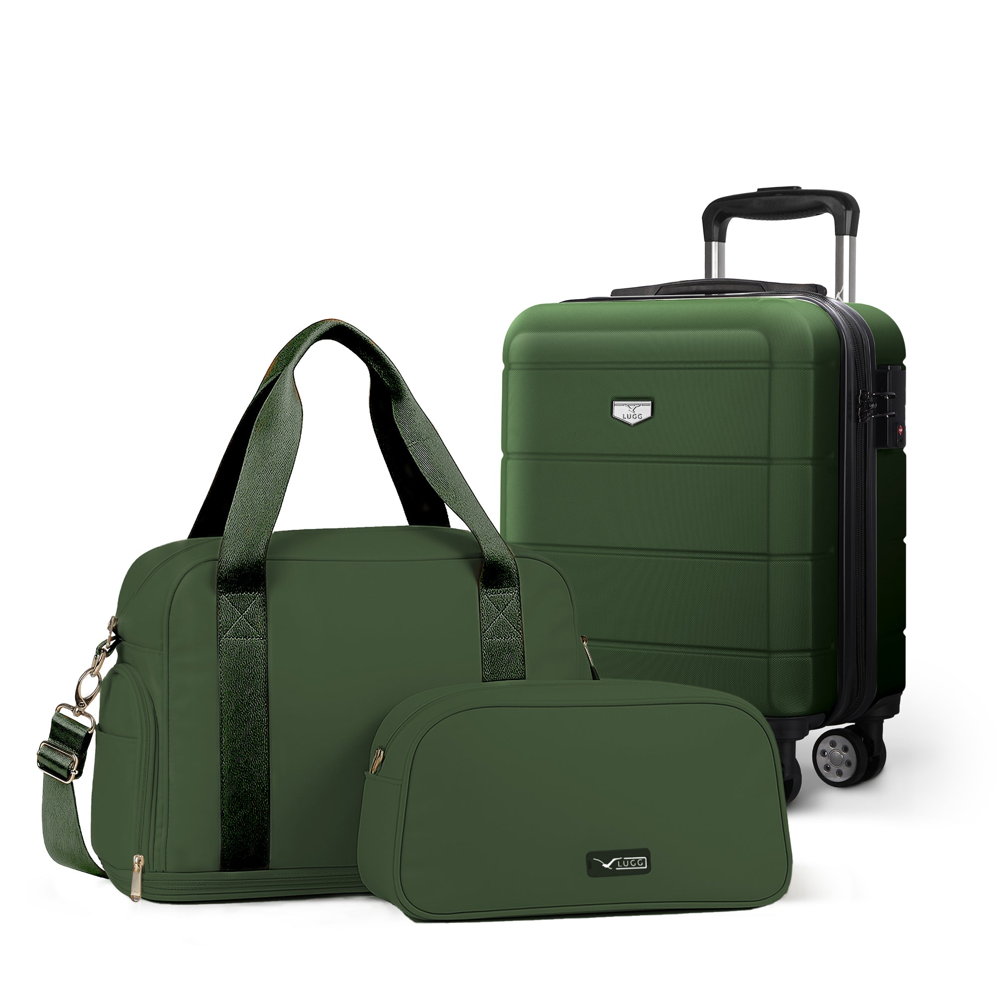 Lugg Jetset 3-Piece Travel Set – easyJet 45×25×20 cm Underseat Hard Shell Suitcase + Duffel Bag + Toiletry Bag- Army Green