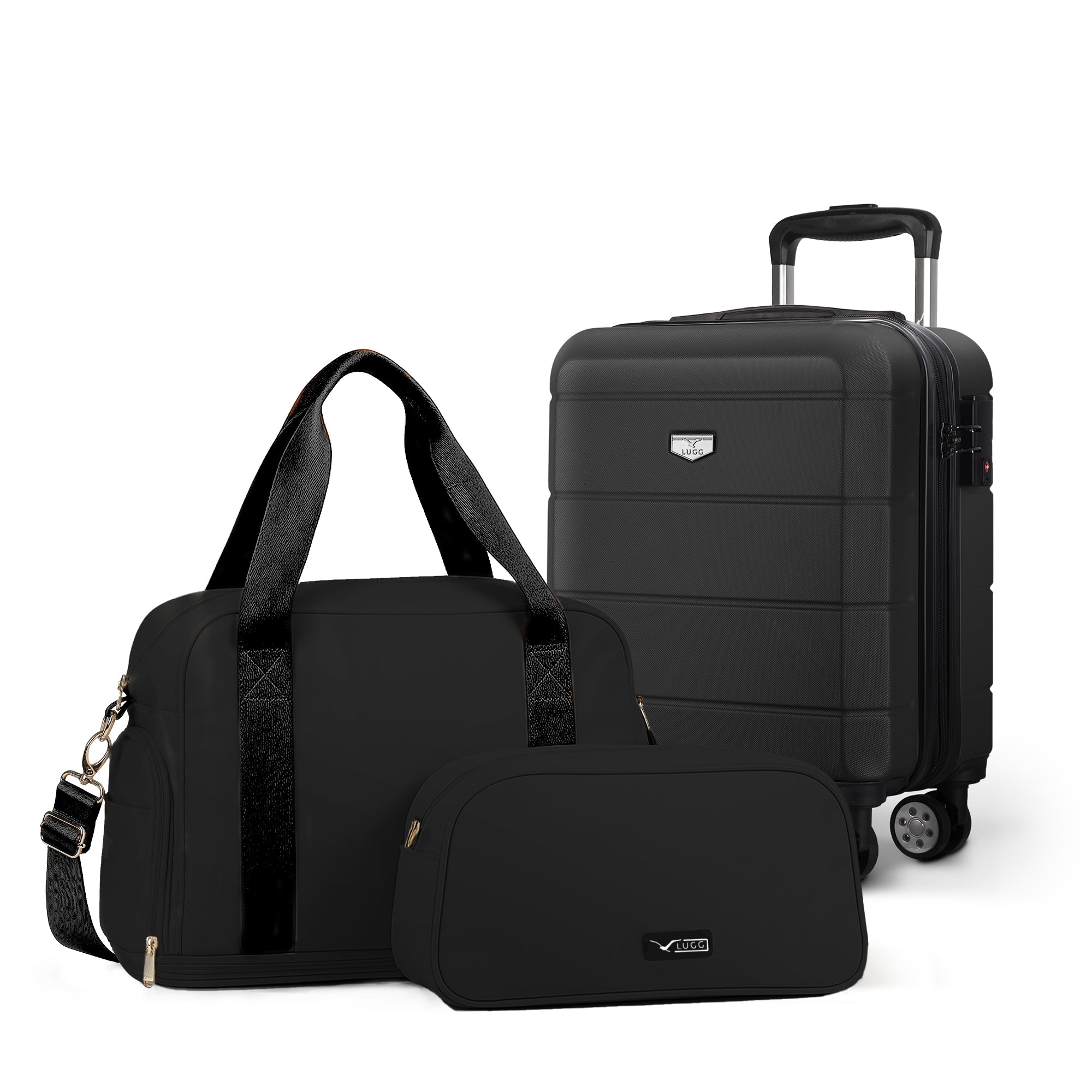 Lugg Jetset 3-Piece Travel Set – easyJet 45×25×20 cm Underseat Hard Shell Suitcase + Duffel Bag + Toiletry Bag- Black