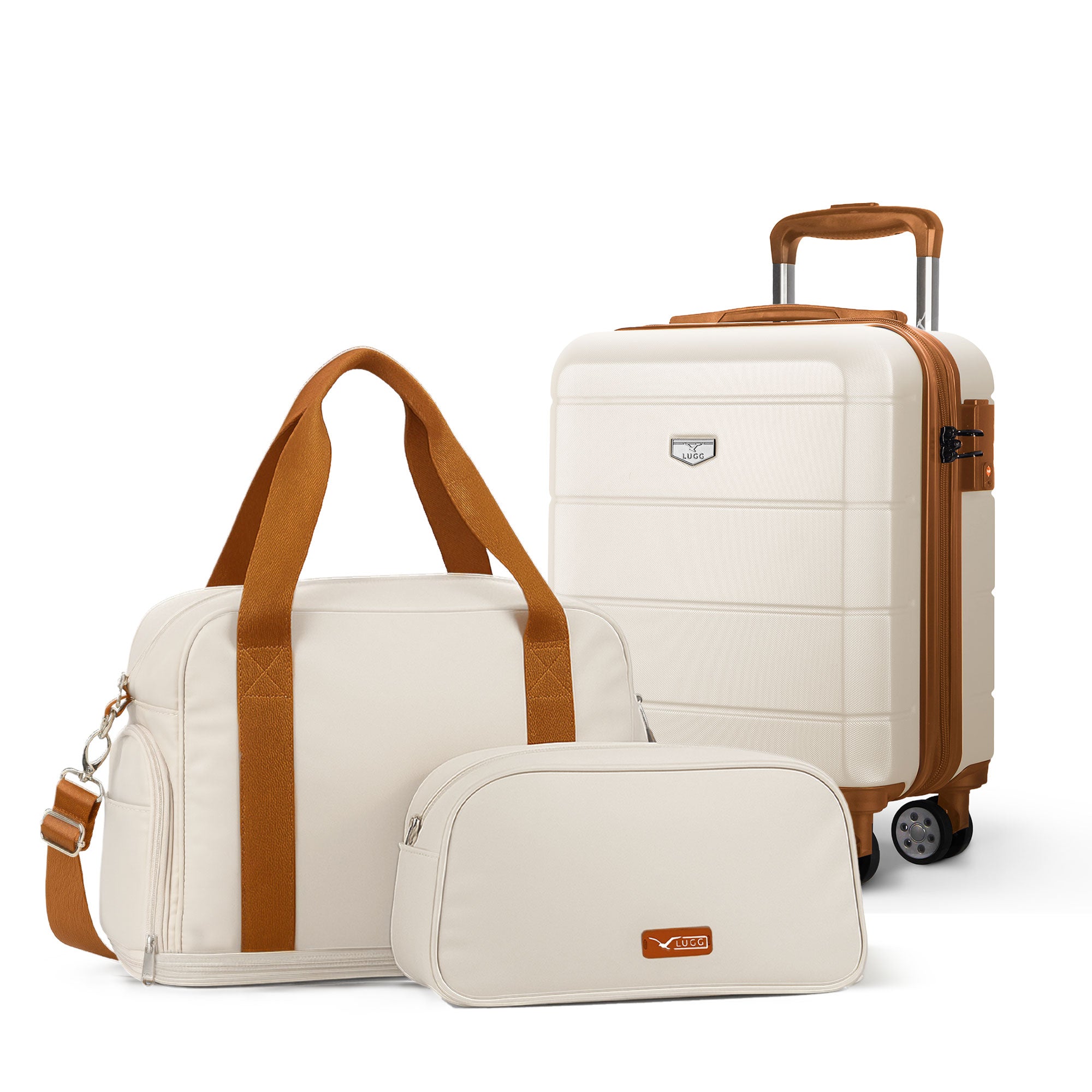 Lugg Jetset 3-Piece Travel Set – easyJet 45×25×20 cm Underseat Hard Shell Suitcase + Duffel Bag + Toiletry Bag- Cream/Brown