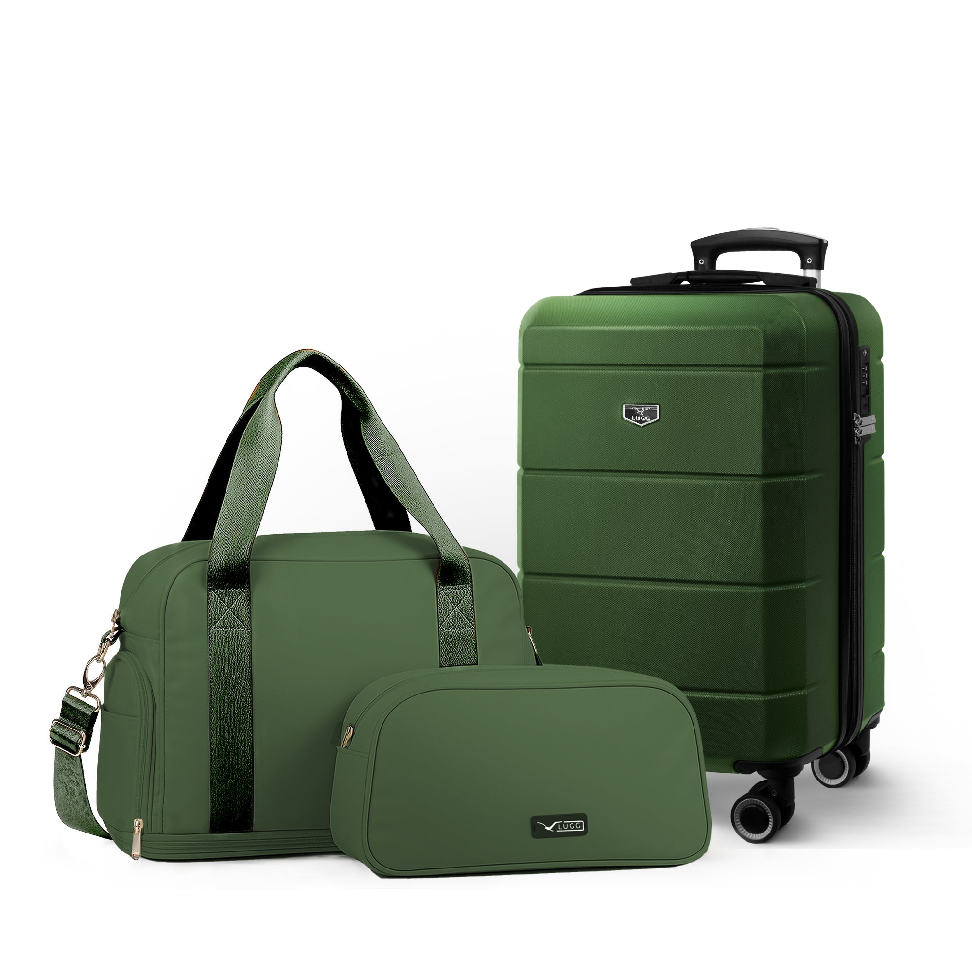 Lugg Jetset 3-Piece Travel Set – 55×35×23 cm Hard Shell Cabin Suitcase + Duffel Bag + Toiletry Bag- Army Green