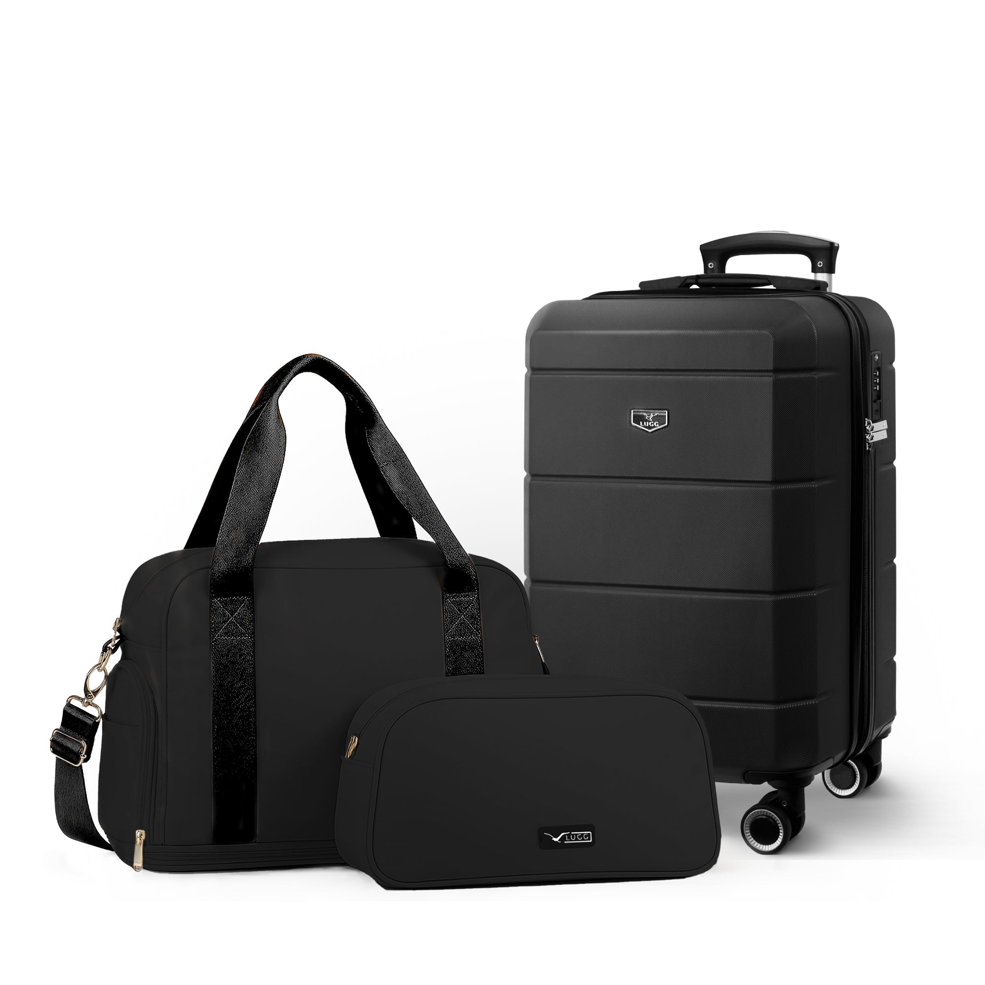 Lugg Jetset 3-Piece Travel Set – 55×35×23 cm Hard Shell Cabin Suitcase + Duffel Bag + Toiletry Bag- Black