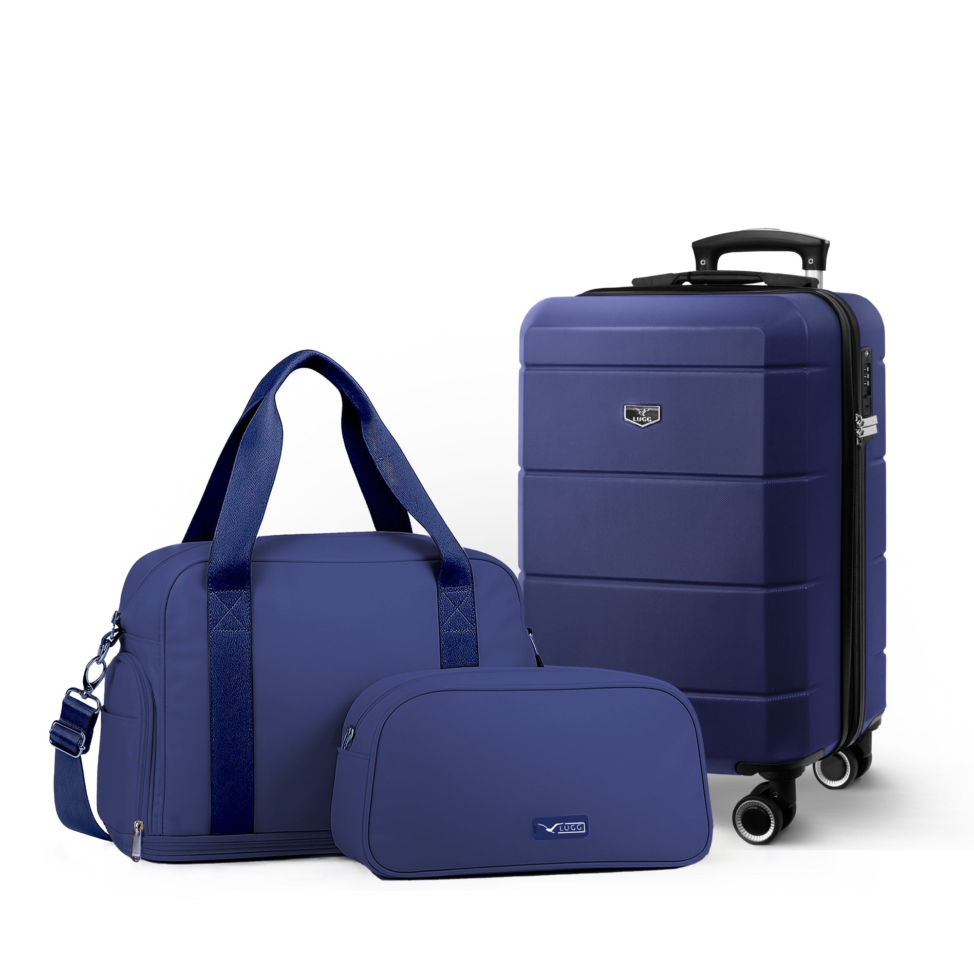 Lugg Jetset 3-Piece Travel Set – 55×35×23 cm Hard Shell Cabin Suitcase + Duffel Bag + Toiletry Bag- Midnight Blue