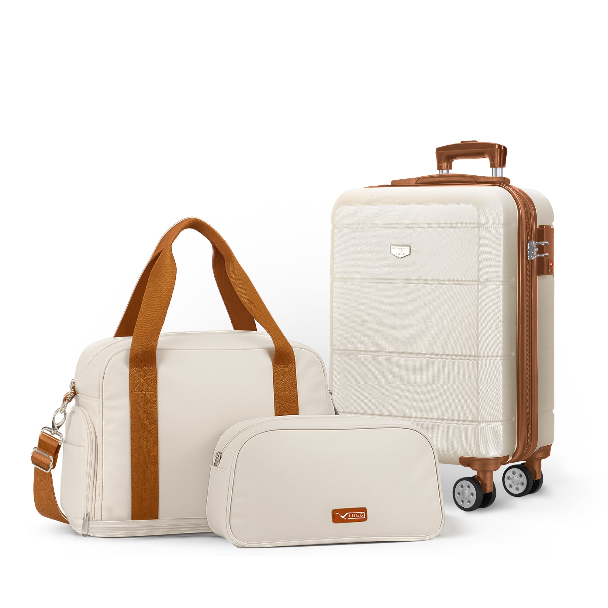 Lugg Jetset 3-Piece Travel Set – 55×35×23 cm Hard Shell Cabin Suitcase + Duffel Bag + Toiletry Bag- Cream Brown