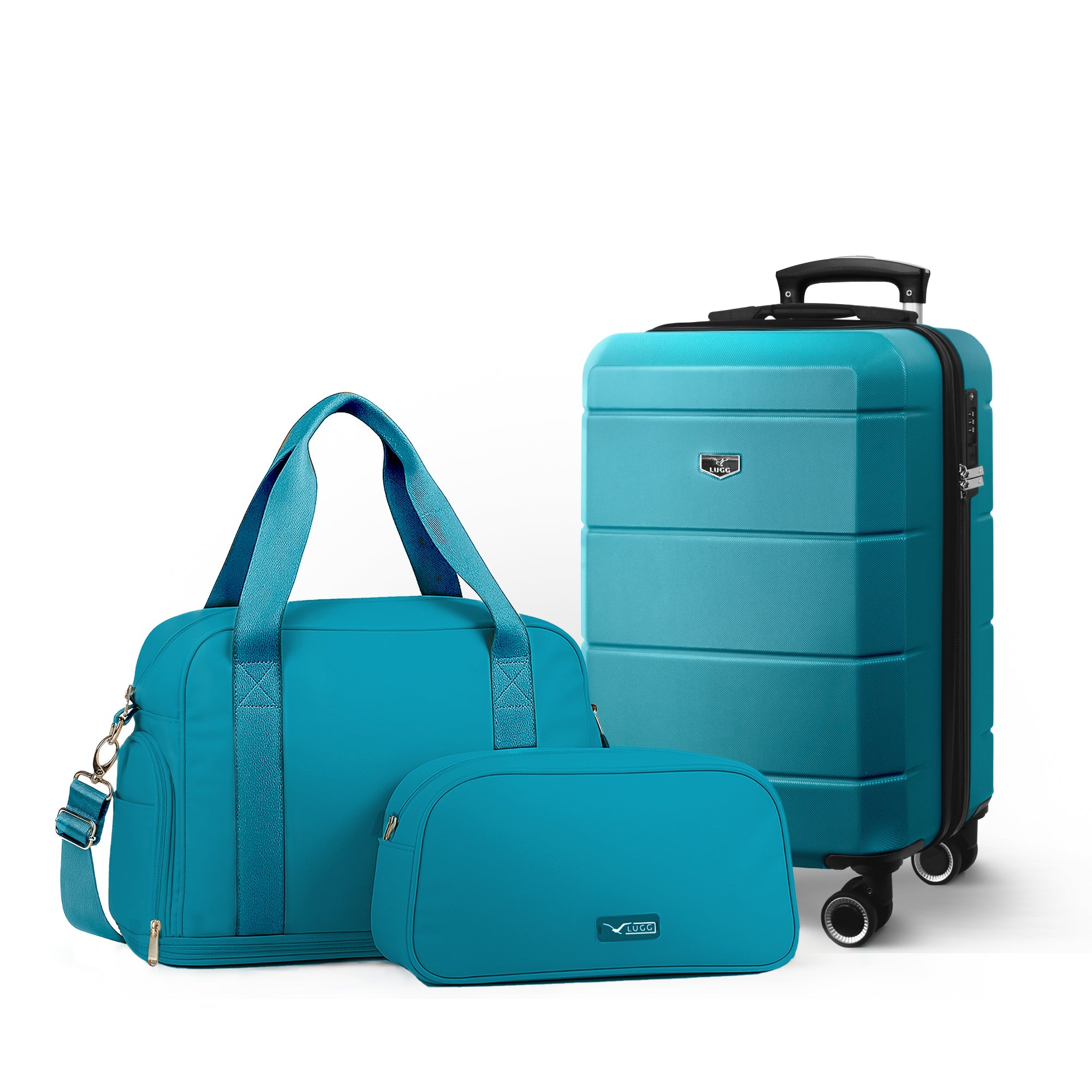 Lugg Jetset 3-Piece Travel Set – 55×35×23 cm Hard Shell Cabin Suitcase + Duffel Bag + Toiletry Bag- Teal