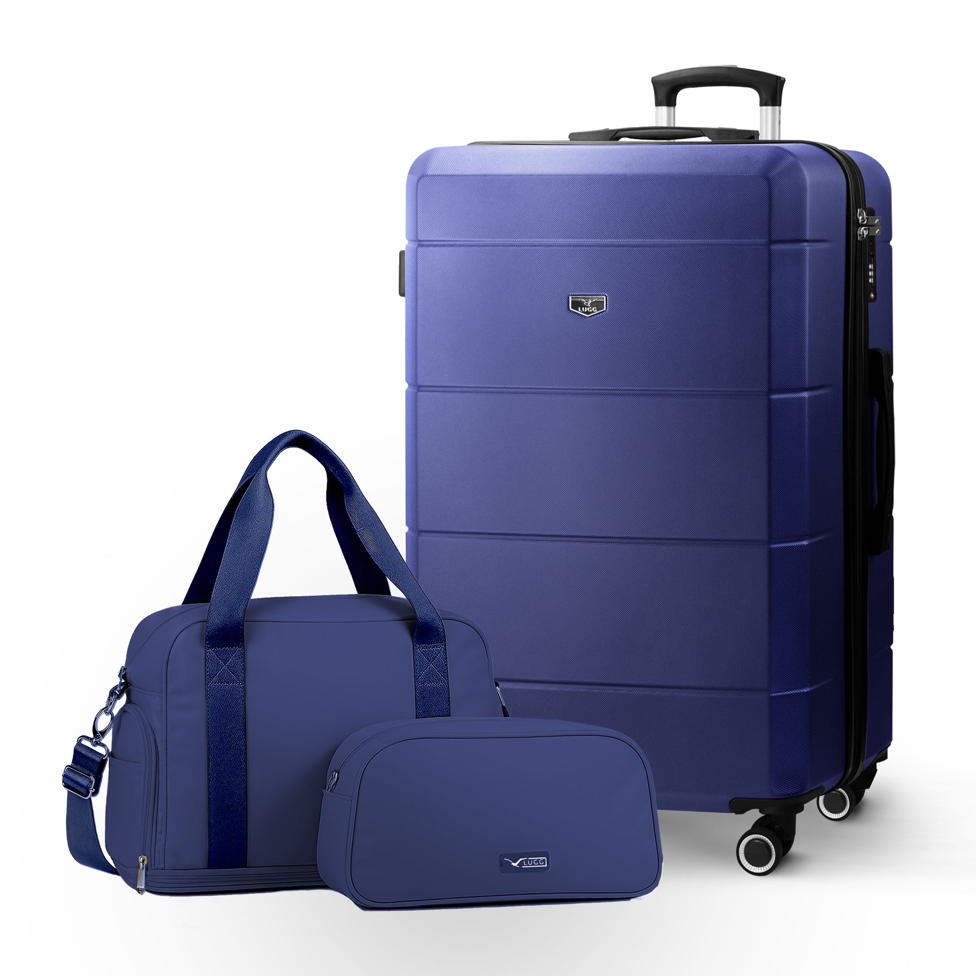 Lugg Jetset 3-Piece Travel Set – 75×49×29 cm Hard Shell Large Check-in Suitcase + Duffel Bag + Toiletry Bag- Midnight Blue