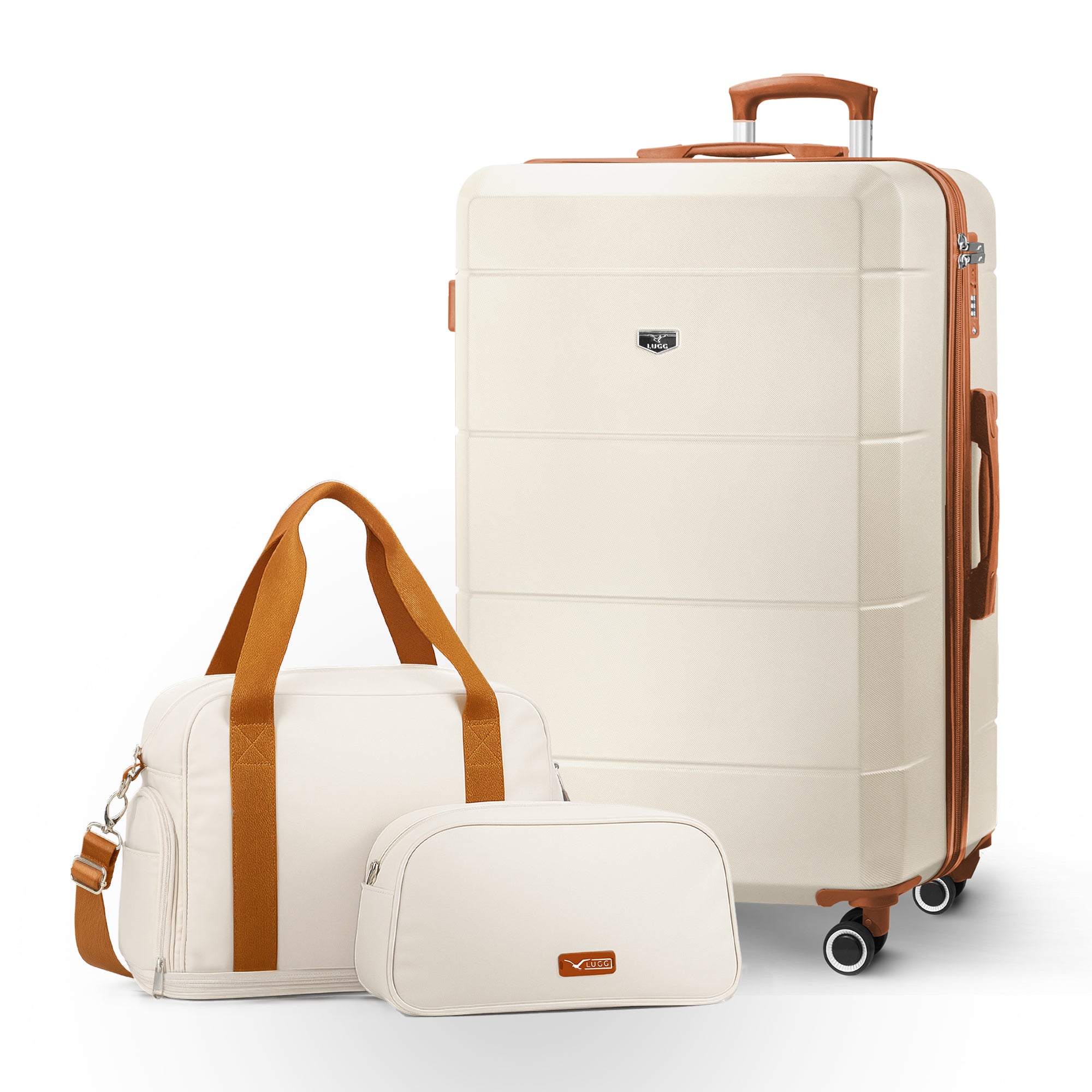 Lugg Jetset 3-Piece Travel Set – 75×49×29 cm Hard Shell Large Check-in Suitcase + Duffel Bag + Toiletry Bag- Cream/Brown