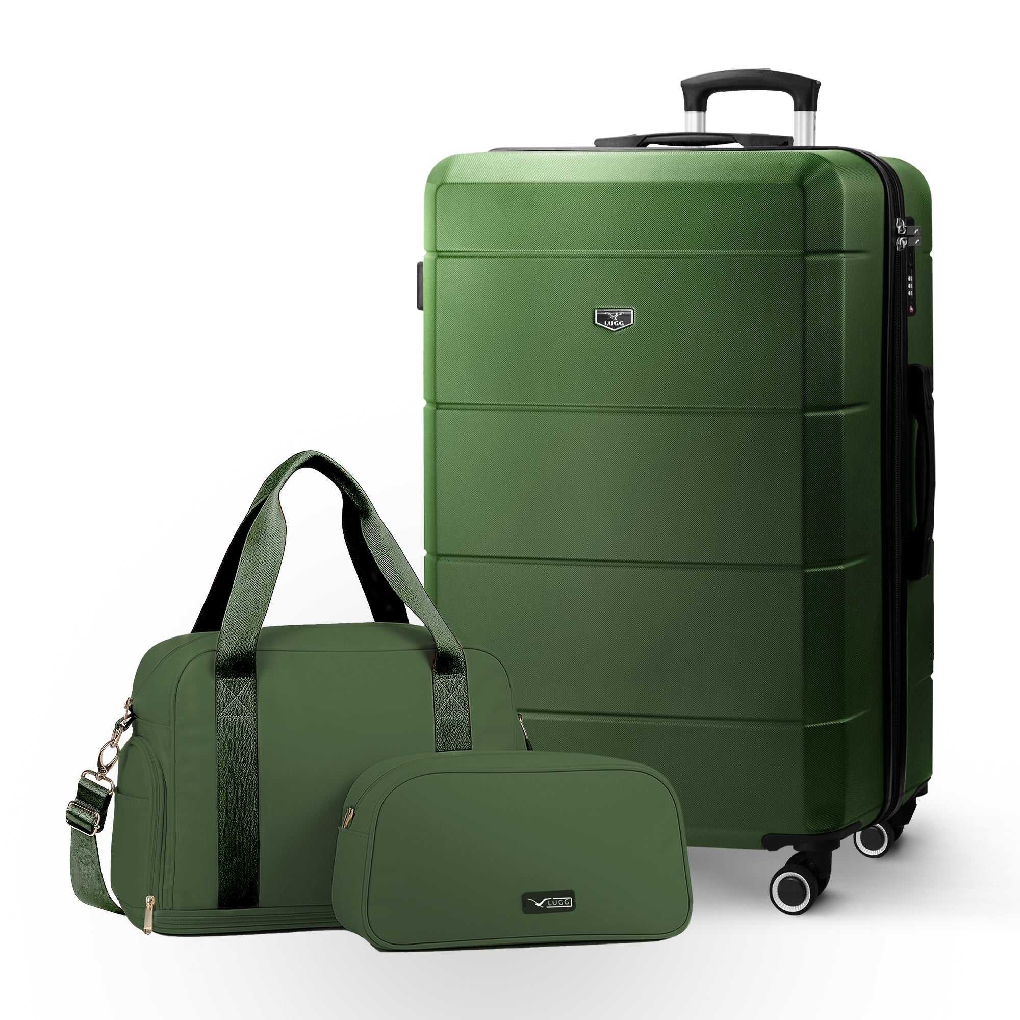 Lugg Jetset 3-Piece Travel Set – 75×49×29 cm Hard Shell Large Check-in Suitcase + Duffel Bag + Toiletry Bag- Army Green