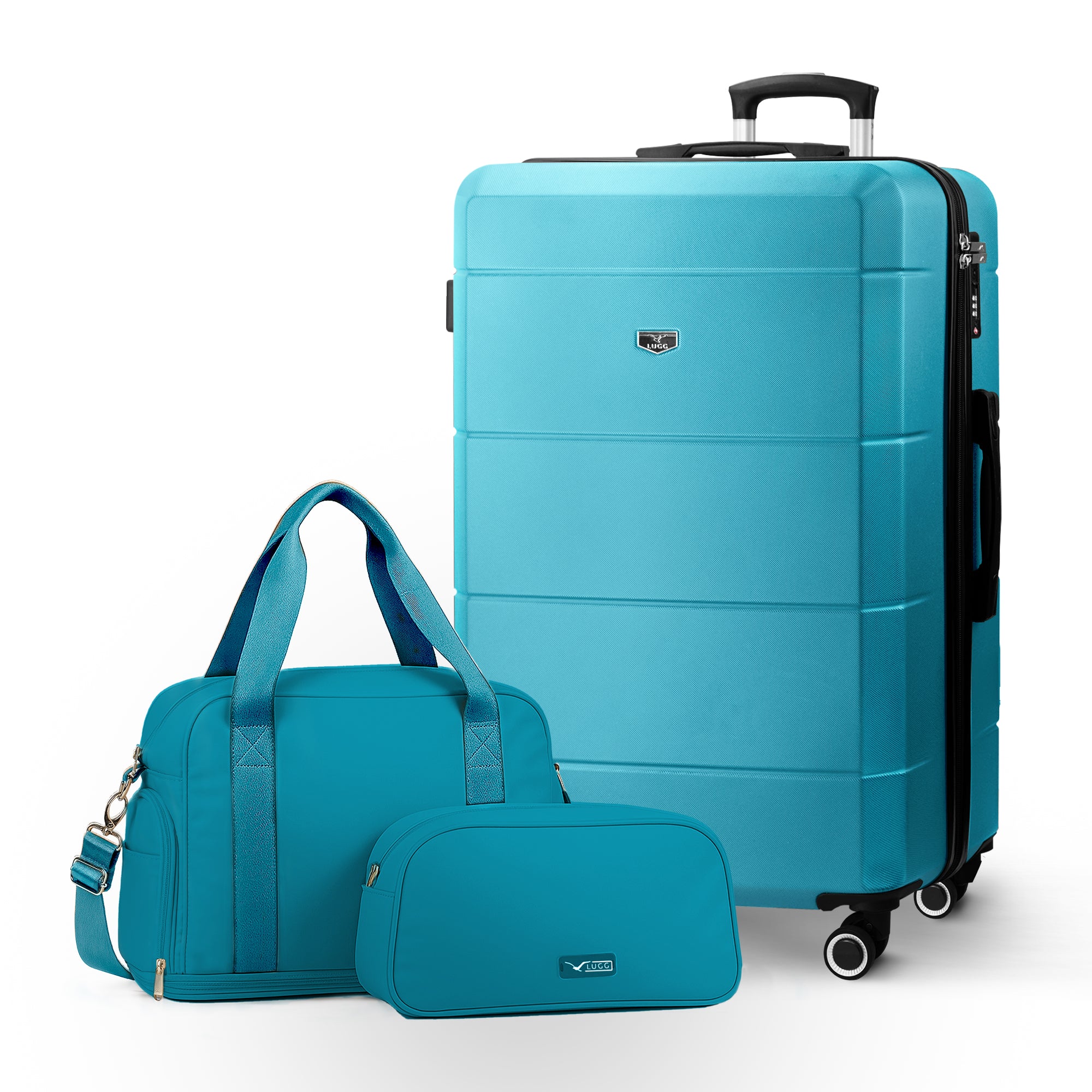 Lugg Jetset 3-Piece Travel Set – 75×49×29 cm Hard Shell Large Check-in Suitcase + Duffel Bag + Toiletry Bag- Teal