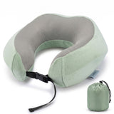 Sage Green memory foam travel pillow with storage bag, U-shaped neck support
