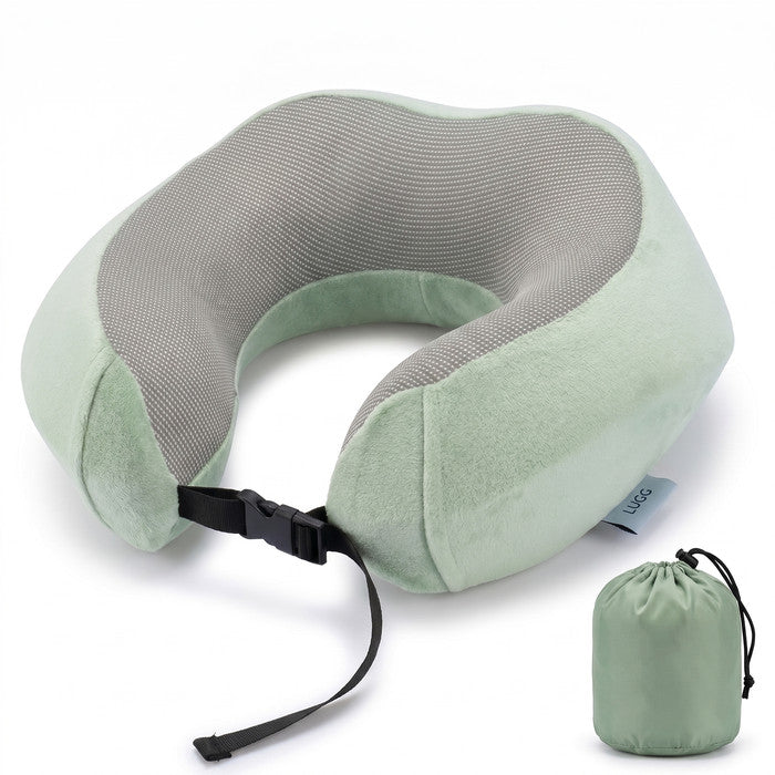 Sage Green memory foam travel pillow with storage bag, U-shaped neck support