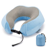 Slate Blue memory foam travel pillow with storage bag, U-shaped neck support