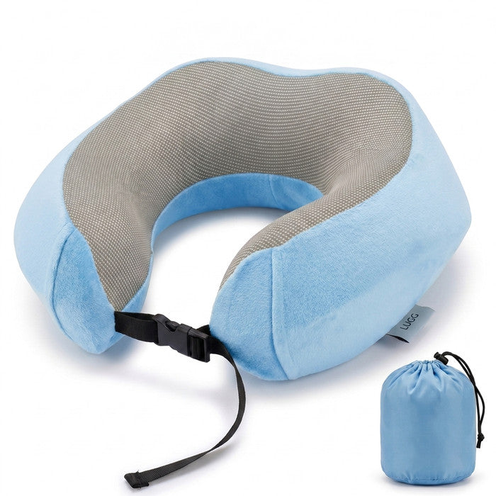 Slate Blue memory foam travel pillow with storage bag, U-shaped neck support